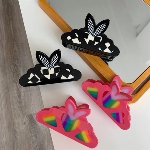 Grote Acetaat Haarklem Konijnenoor Vorm Schaakbord Regenboog Hart Dikke Haarklem Voor Dames Mode Accessoires
