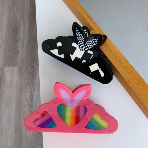 Grote Acetaat Haarklem Konijnenoor Vorm Schaakbord Regenboog Hart Dikke Haarklem Voor Dames Mode Accessoires