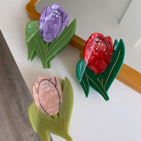 Sweet Acetate Tulip Flower Hair Claw Clip With Rhinestones Elegant Marble Texture Shark Clip For Women Hair Accessories