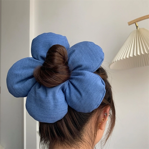 Handmade Denim Fabric Large Flower Scrunchie Exaggerated Blue Floral Elastic Hair Tie For Women Korean Style Hair Accessory
