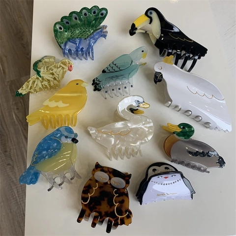 Pinza de Pelo de Acetato con Forma de Pájaro Personalizada Cisne Pavo Real Loro Tucán Diseño de Animal Hecho a Mano