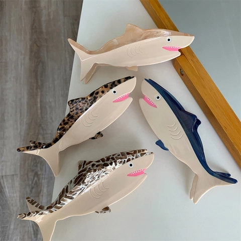 Creatieve Haaienvorm Acetaat Haarklem Voor Dames Oceaan Serie Grote Antislip Kleurblok Marmer Luipaard Patroon