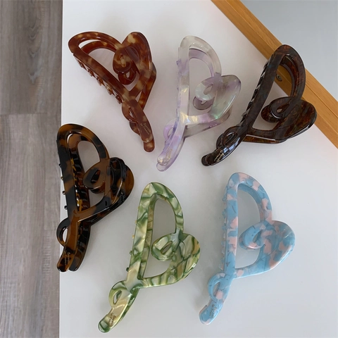 Pinza de Pelo Grande de Acetato con Forma de Corazón Textura de Mármol Estampado de Leopardo Accesorio de Pelo Vintage para Mujer