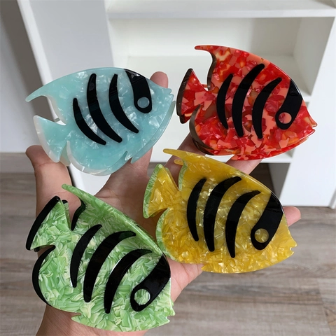 Tropischer Fisch Form Acetat Haarkralle Farbig Gestreift Marmor Textur Süß Modisch Haarklemme Accessoires Für Damen