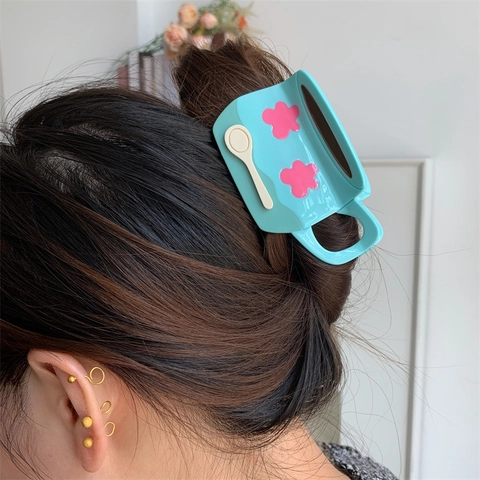 Pinza per Capelli in Acetato Vintage a Forma di Tazza da Caffè per Donna Verde Germano Reale Floreale Decorativa