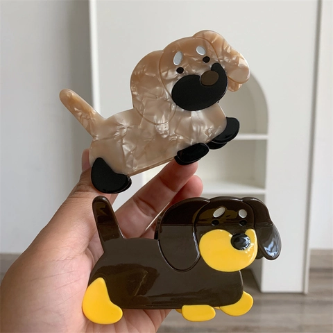 Pinza para el Cabello de Acetato Lindo Perro Teckel Creativo Animal Patrón de Mármol Clip de Tiburón Grande Accesorios Mujer