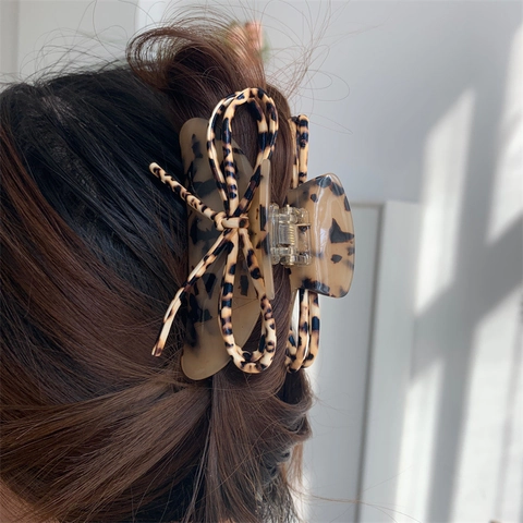 Pinza para el Pelo Vintage de Acetato con Lazo y Estampado de Leopardo Clip Grande Retro con Patrón Animal Accesorios para el Cabello