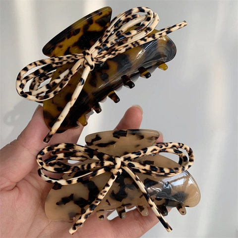 Pinza para el Pelo Vintage de Acetato con Lazo y Estampado de Leopardo Clip Grande Retro con Patrón Animal Accesorios para el Cabello
