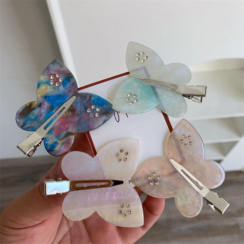 Pinza de Pelo de Mariposa de Acetato Dulce con Strass Incrustado Clip Lateral de Pico de Pato Elegante Patrón de Mármol Mujer