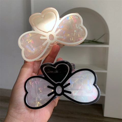 Elegant Large Double Layer Bowknot Hair Claw Clip Iridescent Pearlescent PVC Shark Clip Sweet Hair Accessories For Women