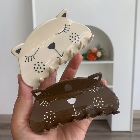Cute Cartoon Squinty Cat Acetate Hair Claw Large Shark Clip For Women Girls Thick Hair Styling Accessory Trendy Animal Shape Hairclip