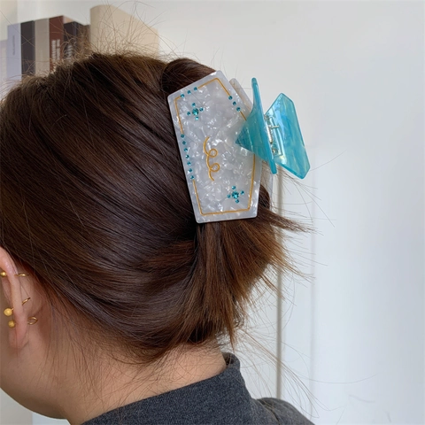 Pinza para el Pelo de Acetato para Mujer Forma de Diamante Textura de Mármol Strass Clip de Tiburón Geométrico