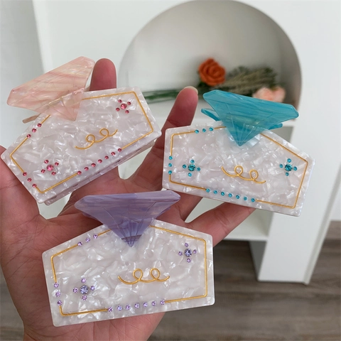 Pinza para el Pelo de Acetato para Mujer Forma de Diamante Textura de Mármol Strass Clip de Tiburón Geométrico