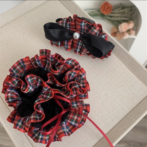 Coletero De Cuadros Rojos Vintage Y Pinza Para El Pelo Con Lazo Y Perla Artificial Accesorios Para El Cabello De Tartan Escocés Para Mujer