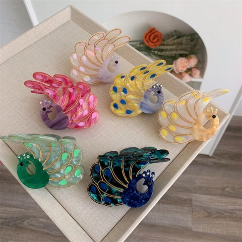 Elegante Pinza de Garra para el Cabello de Acetato con Forma de Pavo Real para Mujer Vintage Strass Accesorios para el Cabello Animales Pinza Grande para Peinado