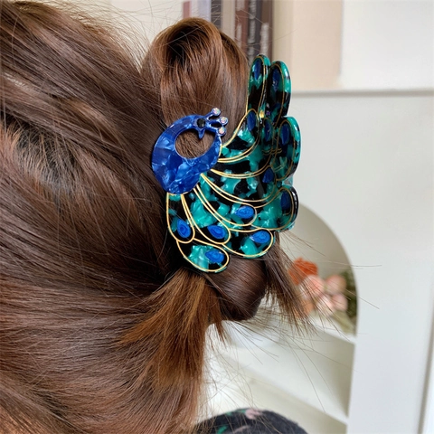 Elegante Pinza de Garra para el Cabello de Acetato con Forma de Pavo Real para Mujer Vintage Strass Accesorios para el Cabello Animales Pinza Grande para Peinado