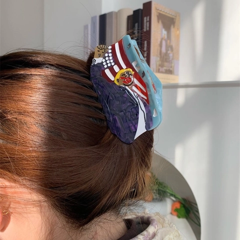 Pinza de Garra Única de Acetato Bandera Americana Patrón de Figura de Trump Clip de Tiburón Grande Accesorios para el Cabello Pop Art