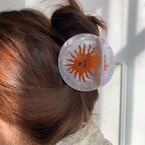 Pinza de Pelo Redonda de Acetato Retro Sol Sonrisa Textura Mármol Clip de Tiburón Grande Accesorio Elegante para Mujer