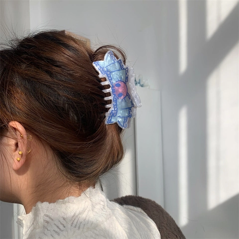 Large Blue Acetate Marble Pattern Hair Claw Clip Handmade Butterfly Shape Shark Clip Cool Styling Accessory For Women