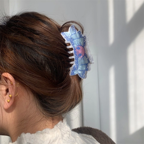 Large Blue Acetate Marble Pattern Hair Claw Clip Handmade Butterfly Shape Shark Clip Cool Styling Accessory For Women