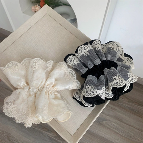 Vintage French Style Large Lace Scrunchie For Women Elegant Ruched Hair Tie Floral Layered Hair Accessories For Daily Dating