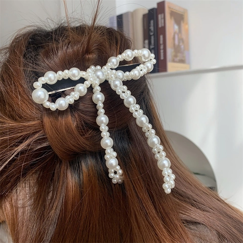 Fermaglio per Capelli a Molla con Fiocco in Perle Artificiali Fatto a Mano Elegante Molletta Bianca Perline per Donna Accessori