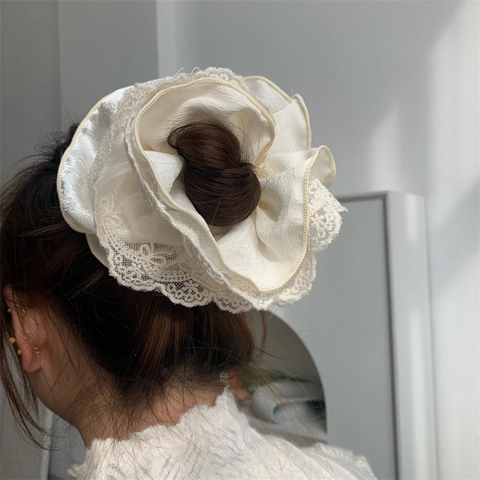 Vintage French Style Large Lace Scrunchie For Women Elegant Ruched Hair Tie Floral Layered Hair Accessories For Daily Dating