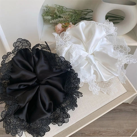 Scrunchie in Satin Oversize Stile Francese Elegante Bordo in Pizzo Elastico per Capelli Grande Cravatta per Capelli Donna