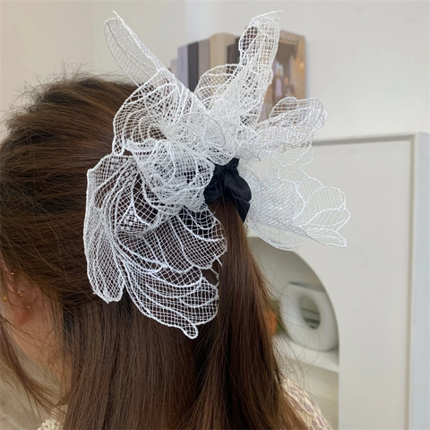 Korean Style Large Mesh Flower Scrunchie Handmade Lace Hair Tie High Elasticity Elegant Hair Rope For Women