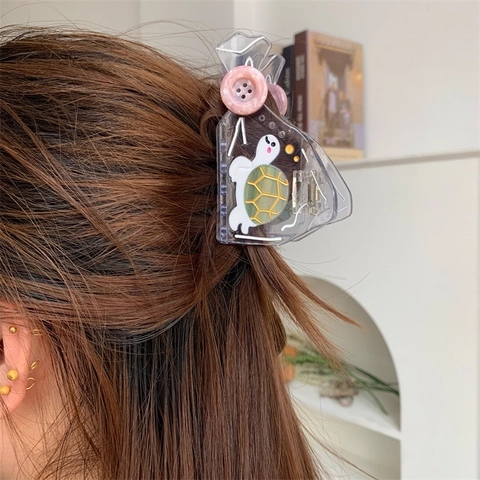 Kreative Japanischer Stil Acetat Schildkröte Haarklammer Für Damen Transparent Taschenform Haarnadel Mit Rosa Knopf Süß Shark Clip