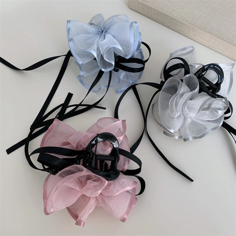 Eleganter Organza Blume Haarkralle Mit Langem Schwarzem Band Schleife Koreanischer Stil Netz Floral Haarschmuck Für Damen Hochzeit
