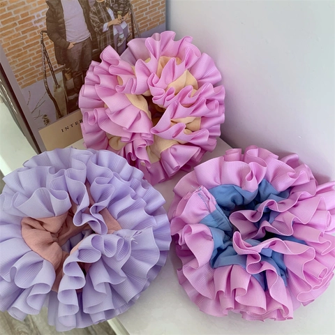 Contrast Ruffle Lint Scrunchie Patchwork Ribstof Oversized Elastische Haarelastiek Volumineuze Mode Hoofddeksels Voor Vrouwen