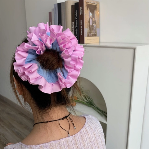 Contrast Ruffle Lint Scrunchie Patchwork Ribstof Oversized Elastische Haarelastiek Volumineuze Mode Hoofddeksels Voor Vrouwen