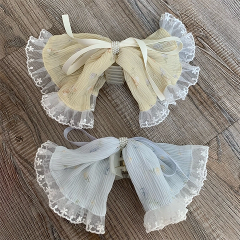 Pinza para el Cabello con Lazo de Tela de Encaje Estilo Coreano Chifón Perla Artificial de Imitación Accesorio para Mujer Dulce