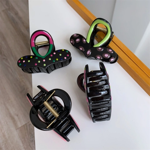 Vintage Acetaat Polka Dot Haarklem Retro Contrastkleur Shark Clip Voor Vrouwen Dagelijks Styling Haaraccessoires