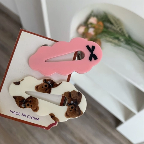 Wellenkante Acetat Haarspange Süße Cartoon Bär Schleife Druck Seitenclip Süßes Mädchen Haarnadel Für Damen Täglich Haarschmuck