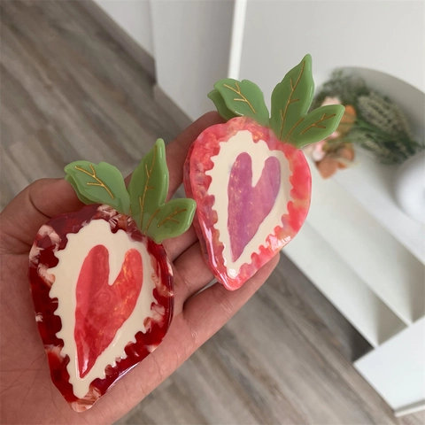 Süße Erdbeere Herz Acetat Haarklammer Für Damen Niedliches Frucht Design Marmor Textur Haarschmuck Frischer Stil Haargreif