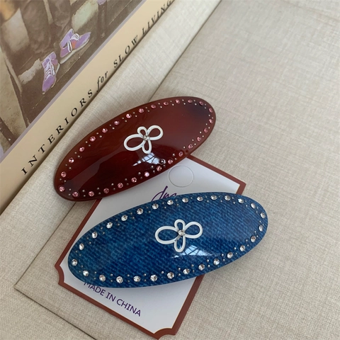 Creative Flower Oval Hair Clip For Women PVC Rhinestone Denim Style Caramel Brown Spring Clip Hair Accessories