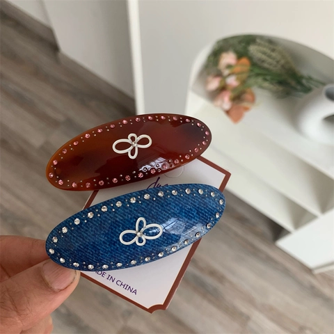Creative Flower Oval Hair Clip For Women PVC Rhinestone Denim Style Caramel Brown Spring Clip Hair Accessories