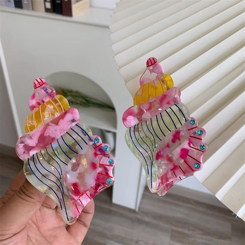 Acetate Seashell Shaped Hair Claw Clip Multicolor Conch Shark Clip With Rhinestones Fresh Sweet Beach Hair Accessories For Women