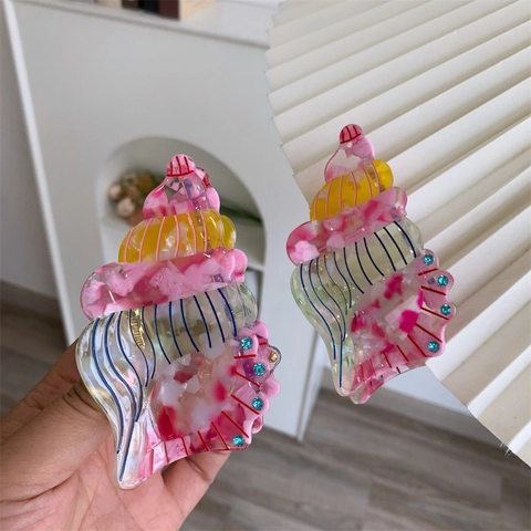 Acetate Seashell Shaped Hair Claw Clip Multicolor Conch Shark Clip With Rhinestones Fresh Sweet Beach Hair Accessories For Women