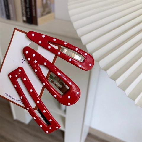 Sweet Red Polka Dot BB Hair Clips For Women Girls Alloy Painted Rectangular Water Drop Shape Pastoral Hairpins Hair Accessories