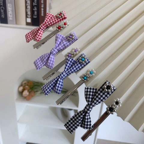 Set di Fermagli per Capelli Coreani con Fiocco a Quadretti Barrettine a Fiori con Perline Gingham per Donne Ragazze Dolce Accessori