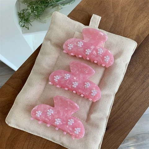 Pink Marble Acetate Hair Claw Clip For Women Elegant Artificial Pearl Flower Rhinestone Inlaid Shark Clip Sweet Hair Accessories
