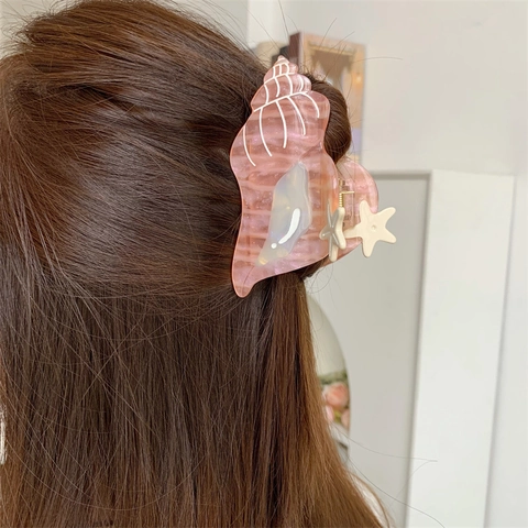 Pinza Para El Cabello De Caracola Con Decoración De Estrella De Mar Acetato Textura De Mármol Pinza De Tiburón Para Accesorio De Peinado Diario Mujer
