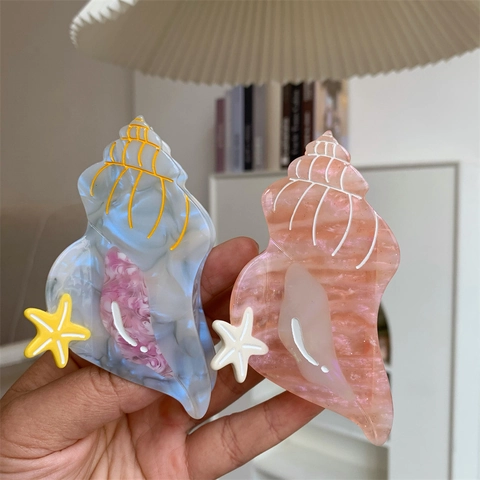 Pinza Para El Cabello De Caracola Con Decoración De Estrella De Mar Acetato Textura De Mármol Pinza De Tiburón Para Accesorio De Peinado Diario Mujer