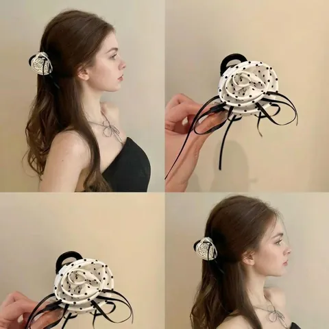 Fermaglio per Capelli a Pois Rosa Vintage Francese Elegante Fiocco per Capelli per Donna Ragazza Accessori per Capelli Moda Floreale