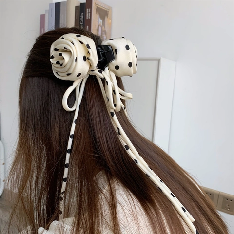 Elegant Polka Dot Rose Flower Hair Claw Clip With Long Tassels Chiffon Fabric Bow Streamer French Style Retro Hair Accessories For Women