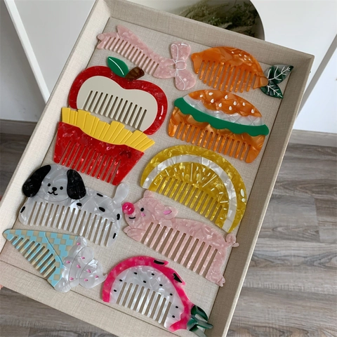 Pettine per Capelli in Acetato Creativo a Forma di Frutta Animale Cibo Mini Pettine Portatile per Acconciature Donna Ragazza Accessori Quotidiani