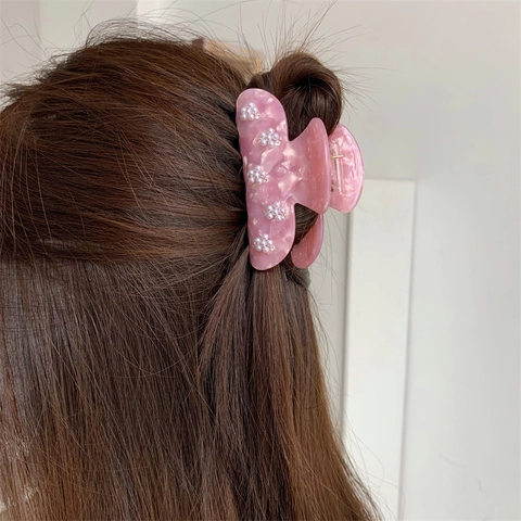 Pinza per Capelli in Stile Coreano Dolce Rosa Marmo Acetato per Donna Künstliche Perle Artificiali Strass Fiore Shark Clip Accessori per Capelli